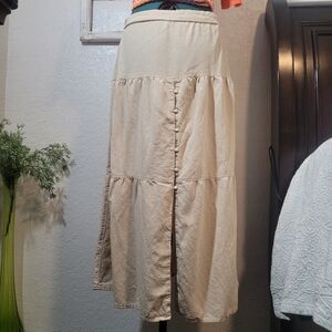 Midnight Sky Large Beige Linen Tiered Button Front Prairie Midi Skirt